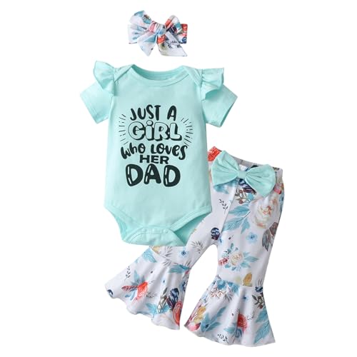 Image of Derouetkia Infant Baby Girl Clothes Ruffle Sleeve Letter Print Romper Flowers Flared Pants Headband 3pcs Outfits Set (3-6 Months,Mint Green)