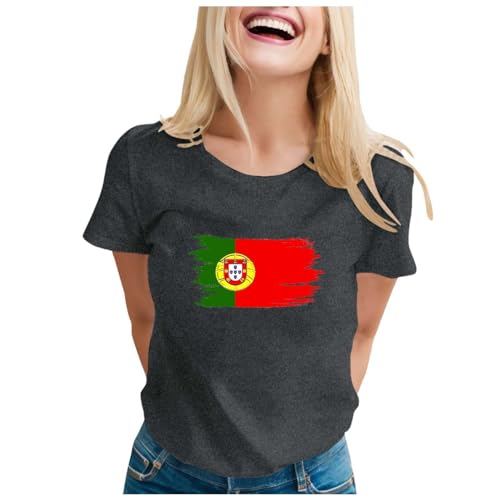 Damen-T-Shirt mit Portugal-Fußball-Fan-Motiv künstlerischem Flaggen-Spritzdruck, lässiges Kurzarm-Top Italienische Designer Hemden (Dark Gray, XXL)