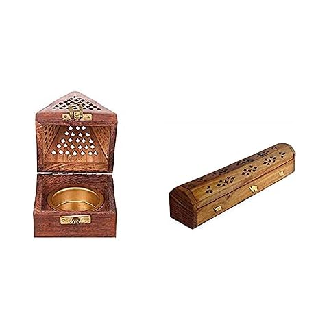 Happie Shopping Handmade Wooden Incense Sticks Holder (3 Inch) & Sheesham Wood Brass Agarbatti Holder (25 cm x 4.5 cm x 5.0 cm, (Material, Wood - Color, Brown) Pack of 2 Cover