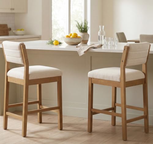 Image of RIVOVA 26 inch Bar Stools Set of 2 Counter Height Bar Stools for Kitchen Counter, Modern Upholstered Barstools with Back and Wood Legs Linen Stools Farmhouse Island Chairs, Beige