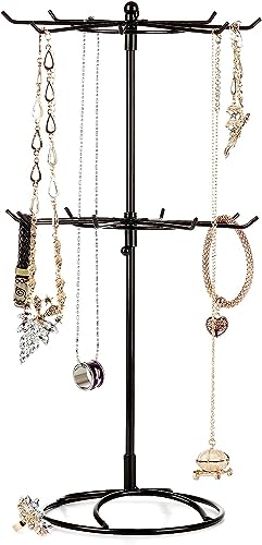 xtsfx 2 Tier Rotating Jewelry Display Stand, Necklace Holder Jewelry Tree Bracelet Stand Display Organizer for Necklaces Bracelets Earrings Rings, Black, 5.9x16.3in