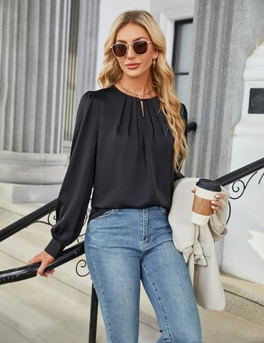 Blooming Jelly Womens Dressy Casual Blouses Satin Long Sleeve Shirts Pleated Business Tops Trendy Fall Outfits3