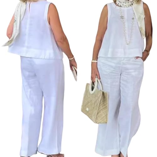 2 Piece Linen Set for Women Casual Sleeveless Tank Top and Wide Leg Pants Sets Linen Pant Suits with Pockets4