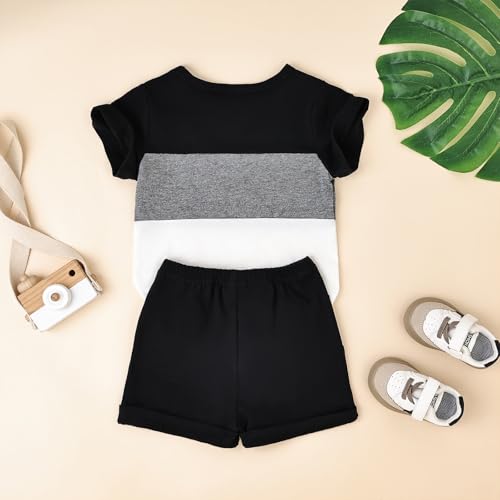 Image of Toddler Boy Clothes Baby Summer Outfit Patchwork Tee Shorts 12M-4T | Soft Patchwork Tee, Pocket Shorts With Stretch Waistband, Breathable For Summer Play, Machine Washable