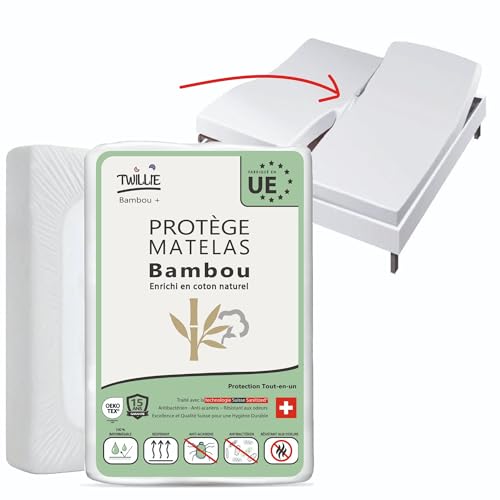 Twillie - (Lot de 1) Protège Matelas Double 2x80x200 Bambou – Imperméable, Qualité Supérieure, pour LIT ARTICULÉ - Enrichi de Coton Naturel, Traitement...