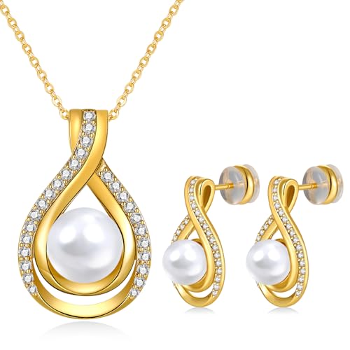 Infinity White Black Pearl Necklace and Earrings Set for Women Gifts for Mom Birthday Mothers Day AAA+ Handpicked Pearl 14K Gold/White Gold Plated Adjustable Jewelry