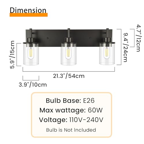Image of Vanity Light Fixtures, Matte Black Bathroom Light Fixtures Over Mirror, Modern Wall Sconces Lamp with Clear Glass Shade (3 Light)