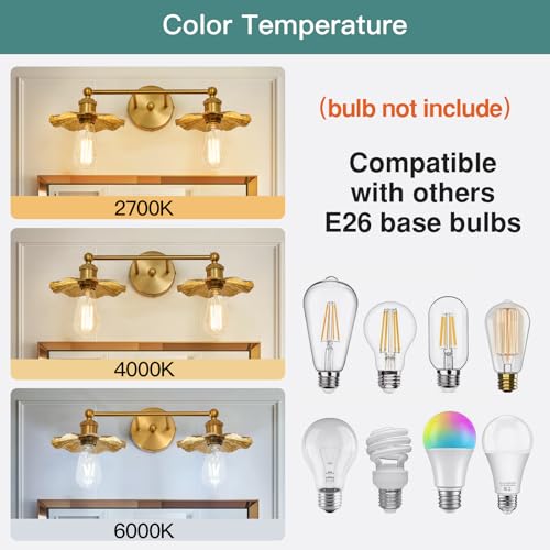 Image of ZGLAOJT 2 Light Vintage Vanity Light Gold Bathroom Light Fixtures Over Mirror.