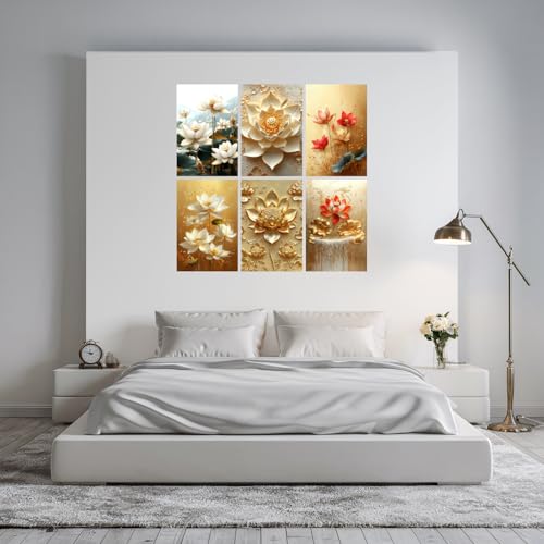 Image of SiddArtify Lotus Flower Wall Art Poster Print Set - Elegant Floral Art for Living Room Bedroom Office Decor - 12x18 inch Sticker Pack of 6