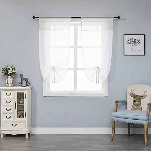  Coppia Tende Bianche Semi Trasparenti Orlo Superiore Beige con Merletto Tenda per Finestra Soggiorno Camera e Cameretta 2 Pannelli con Tasca 60x150cm