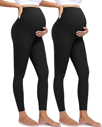 Image of BLONGW 2 Pack Maternity Leggings Over The Belly Pregnancy Yoga Pants Soft Non-See-Through Activewear Workout Leggings