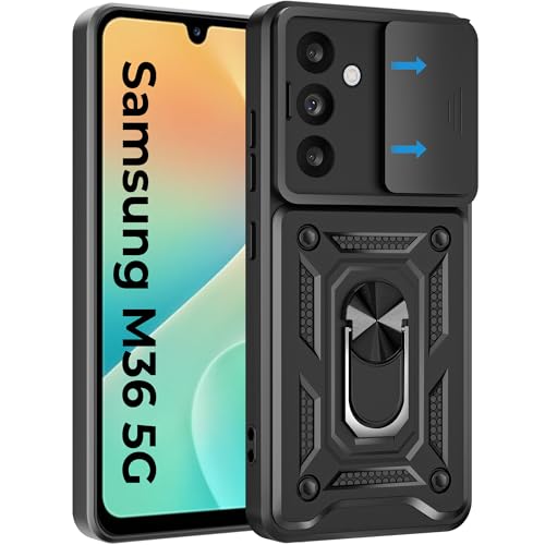 Image of A rtistque Armor Bumper Back Case Cover for Samsung Galaxy M36 5G / F36 5G | Stylish Ring Holder & Inbuilt Stand | Sliding Camera Cover | Shockproof TPU | Samsung M36 & F36 Back Cover - Black