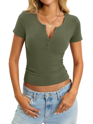 Image of EasyGala Womens Cotton Short Sleeve Shirts V Neck Henley Tops Basic Tees