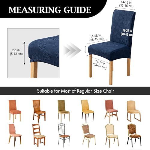 Image of Genina Waterproof Dining Chair Cover Set of 4,Kitchen Chair Cover,Navy Blue | Stretch Dining Room Chair Slipcovers with Leaf Jacquard,Removable Kitchen Chair Protector for Home,Restaurant,Banquet