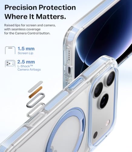 Image of TORRAS 360 Magnetic Stand for iPhone 17 Pro Max Case Ultra Clear Blue | Fit for MagSafe, 4X Mil-Grade Protection, Slim Non-Slip Case with Camera Control Button, Haze Blue 6.9 inch, O3 Light Series