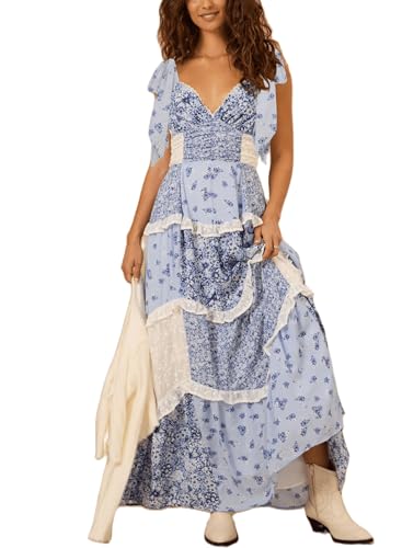 Image of SOOKABEILA Women Y2k Boho Maxi Dress Floral Lace Sheer Tiered Flowy Cami Long Dress 2025 Summer Smocked Beach Sundress