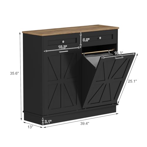 Image of Double Tilt Out Trash Cabinet 20 Gallon,Dual Kitchen Wood Trash Can with Hideaway Drawers,Hidden Pet-Proof Garbage Can Laundry Hamper for Kitchen, Dining, Living Room