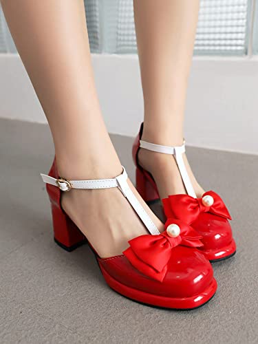 ForeMode Fashion Women T-Strap High Heels Bow Platform Round Toe Pumps Leather Summer Sweet Shoes4