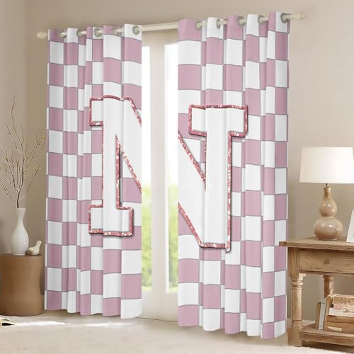 Image of Erosebridal Pink Initial N Window Drapes Kawaii Plaid Checkered Blackout Curtains 38 inchWx54 inchL Cute Personalized Monogram Curtains for Kids Girls Bedroom,Fashion Grids Gingham Window Treatments 2 Panels