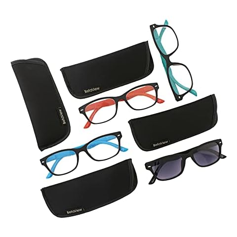 Betaview 4 Pack Reading Glasses for Men and Women (+3.0) | Quality Unisex Matt Black Frame and Coloured Arms | 1 Pair Lightweight Sun Readers with Spring Hinges | UV Protection Reading Glasses Cover