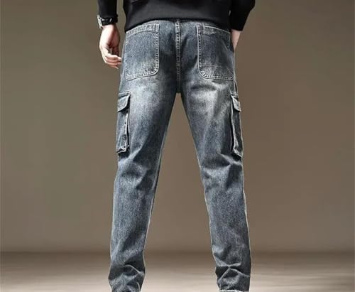 Men Straight Jeans with Cargo Pockets Korean Street Style Fashion Trousers Casual Denim Pants3