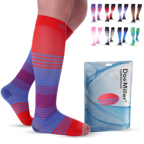 Image of Doc Miller Open Toe Compression Socks for Women & Men - 20-30 mmHg Knee High Compression Socks for Swelling, Varicose Veins, Travel & Nurses - Toeless Wide Calf Support, Leg Pain & Circulation-1 Pair