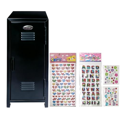 Image of Mini Locker with Lock Key Stickers Box Metal Small Locker Mini Locker Miniature Storage Girls Lockbox Desktop Storage Organizer for Cash Money Jewelry Safe Dollhouse Furniture Accessories (Black)