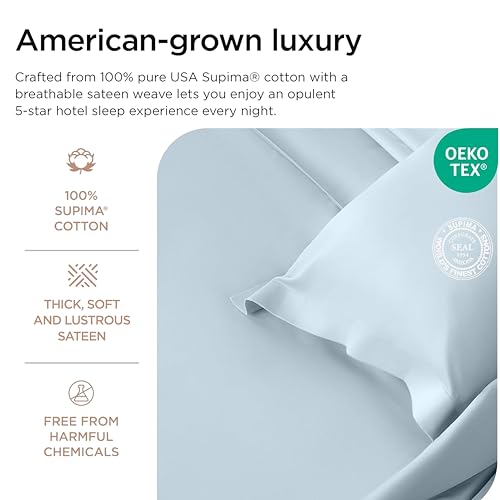 Image of Threadmill 1200TC Supima Cotton Full Sheet Set, Sateen, Light Blue, 4-Piece | 100% Supima Cotton, Sateen Weave, 4-Piece Set, 17 inch Deep Pocket, Hotel Quality, OEKO-TEX Certified, Machine Washable