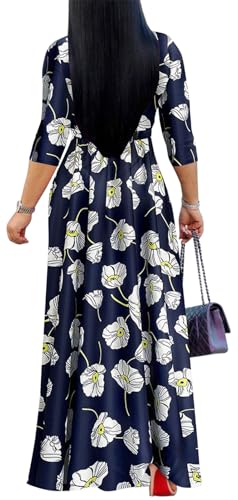 Image of Women's Floral Maxi Dress Summer Casual V-Neck 3 /4 Sleeve Long Bohemian Print Evening Party Dress