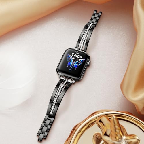 Image of AIRSPO Slim Gold Band Compatible with Apple Watch 38 /40 /41 /42 /44 /45 /46mm Women Metal Dressy Jewelry Bracelet with Bling Diamond for iWatch Series 10-3 /SE (Black, 42 /44 /45 /49 /46mm(Series 10))