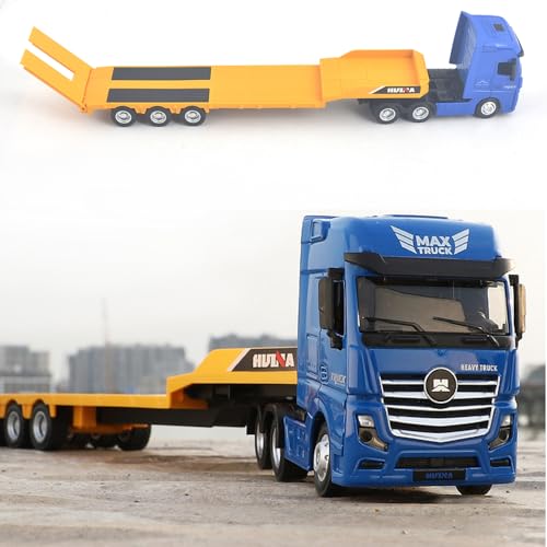 Image of Flattrailer Heavy Duty Semi Trailer Tractor Truck w / Excavator - Metal Construction Vehicle Toy for Kids