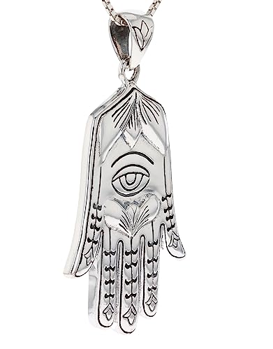 Large Hamsa Hand of Fatima Eye Sterling Silver Pendant Necklace 18"2