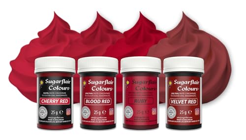 Sugarflair Paste Colour Red, Rojo Set/4, Colorantes Alimentarios, Colorantes: Ruby, Velvet Red, Blood Red, Cherry Red - Set/4
