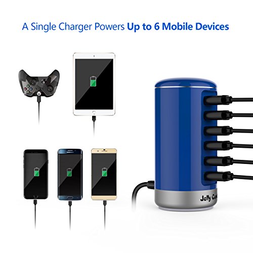 USB Charger Multi Port Wall Charger : Jelly Comb 6 Port USB Desktop Charging Station with Smart Identification for Phones, Tablets, USB Fan, Power Bank and More - Blue
