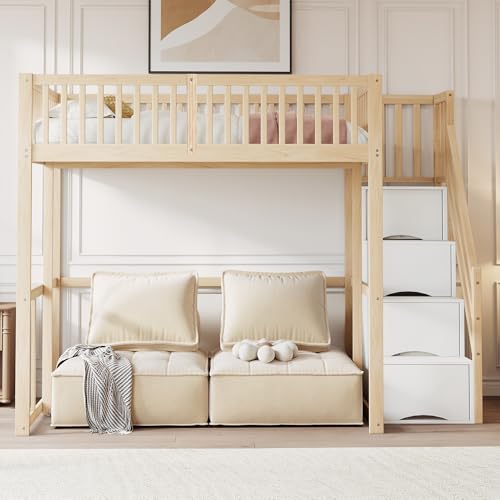 Letto rialzato con scala di sicurezza per la conservazione, struttura del letto in pino massiccio per bambini e ragazzi (colore legno+bianco (140 x 200 cm)