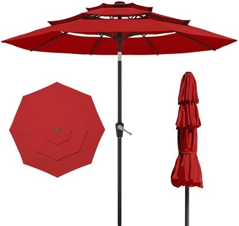 PatioKingdom 9ft 3-Tier Patio Market Umbrella with Crank/Tilt, Commercial Heavy Duty Wind Proof,Outdoor Table Umbrella with 8 Fiberglass Ribs,UPF50+ for Deck,Pool,Garden,Backyard