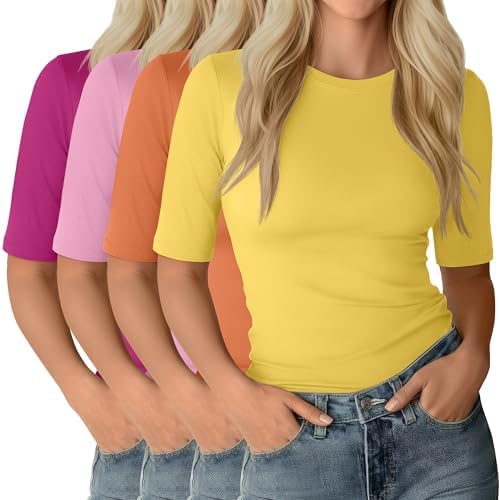 Neer 4 Pack Women's Half Sleeve Tops Elbow Length Slim Fit...