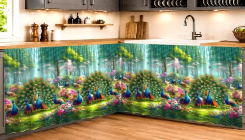 Image of Under Sink & Counter Curtain for Modular Kitchen - Printed Fabric Rod Pocket Hanging Skirt, Washable Under-Counter Cover, Pack of 2 Panels (Each Panel: 150 x 70 cm) (Forest)