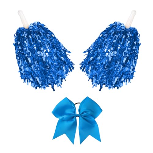 Cheerleading Pompoms for Basketball Football Outdoor Team Dance, Cheer Hair Bow, Pom Poms Cheerleading, Cheerleader Pom Poms for Girls, Metallic Foil Handle Spirit Cheering 40 Grams Weight Each