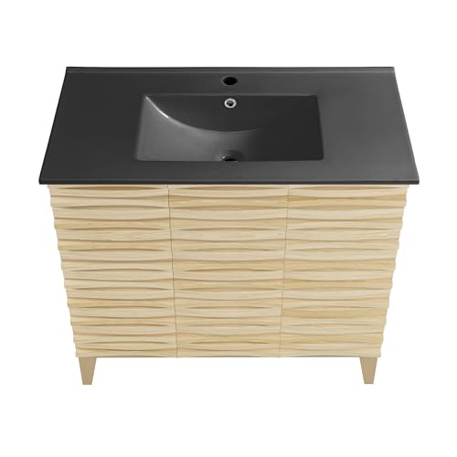 Image of Swiss Madison Cascade 36 in. Natural Oak Bathroom Vanity with Black Ceramic Sink Top