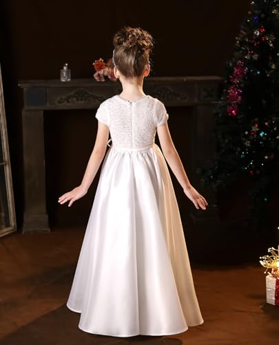 Flower Girl Dress Pearls Ball Gown Dress Elegant Satin First Communion Princess Dresses for Girls3