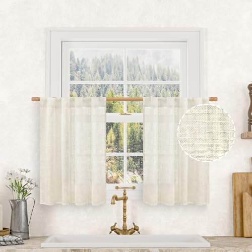 LAMIT Short Linen Kitchen Window Curtains 36 Inch Length, Over Sink Semi Sheer Light Filtering Panels Back Tab and Rod Pocket Drapes for Basement Bathroom Window, 2 Panels, Cream Ivory,34 x 36 Inch