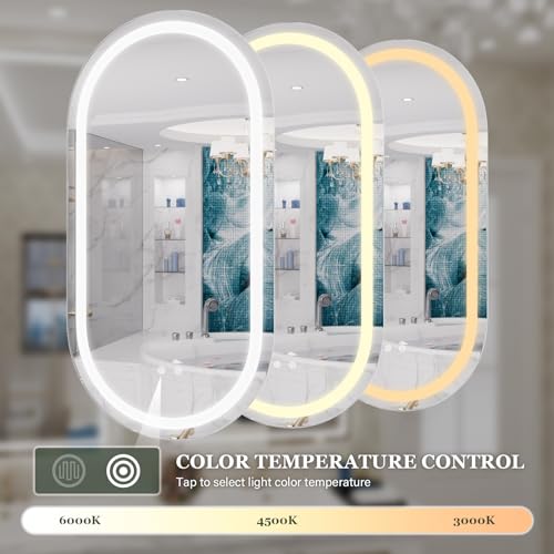 Image of WallBeyond LED Bathroom Mirror with Lights, 16 x 32 Inch Oval Led Bathroom Vanity Mirror for Wall with Front and Backlit, Anti Fog Mirror for Bathroom, 3 Colors and Dimmable Light, Horizontal /Vertical