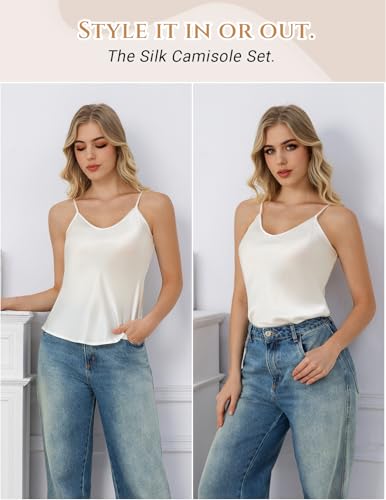 Image of THXSILK 100% Mulberry Silk Women Cami Pajama Set, Tank Top with Shorts Sleepwear, Adjustable Spaghetti Straps, Luxury Pj Set