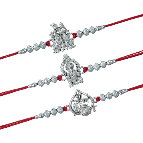 Image of eCraftIndia Set of 3 Rakhi for Brother Lord Ganesha Radha Krishna Playing Flute Dahi Handi Flute Mor Pankh Designer Rakhis with Best Bro Ever Fridge Magnet | Roli Chawal Pack