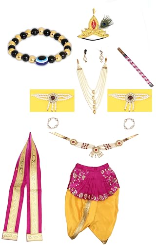 Image of Raj Fancy Dresses Shri Krishna Dress for Baby Boy & Girl, Janmashtmi Dress with Diaper-friendly Dhoti & Dupatta, Mor Pankh Mukut