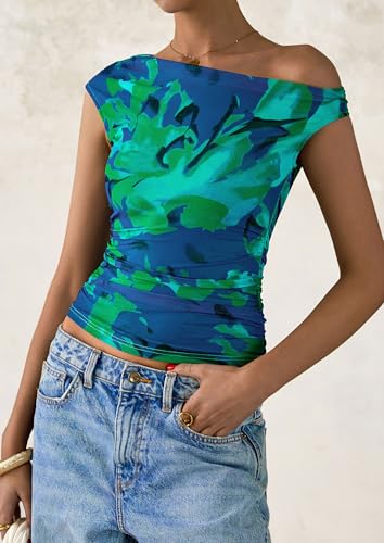 PRETTYGARDEN Women's Off Shoulder Tops 2025 Summer Floral Mesh Going Out Crop Tank Tops Asymmetrical Tight Y2K Shirts Clothes