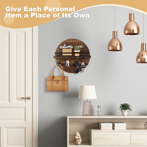 Key-Holder-for-Wall-Key-and-Mail-Holder-Organizer-with-Key-Holder-Wall-Mount-Round-Wooden-Rustic-Home-Decor-for-Entryway-Mudroom-Hallway-Kitchen-Office-Brown