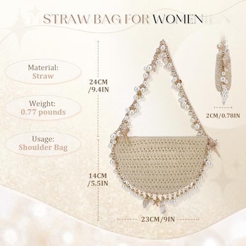 Gets Women Pearl Straw Clutch Purse Woven Summer Beach Evening Bag Wedding Party Straw Shoulder Handbag2
