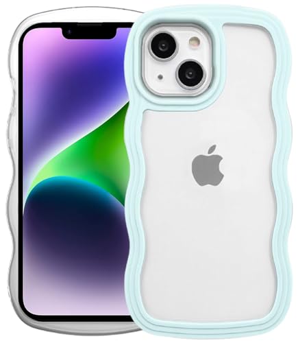 Image of GoldKart iPhone 13 /14 Case Wavy Edge Clear Back Design, Anti-Slip Grip Cute Wave Curly Frame Shape Shockproof Soft TPU & Hard PC Bumper Protective Phone Case Cover for Women Girls - Light Blue